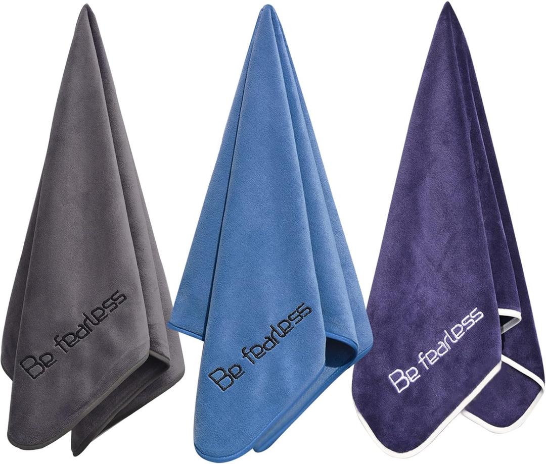 Microfiber Gym Towels Bigger Size Super Soft for Exercise Fitness, Sports, Workout, 380-GSM 15-Inch x 31-Inch Quick-Drying Towels (3 Pack, Grey+Blue+Navy Blue)