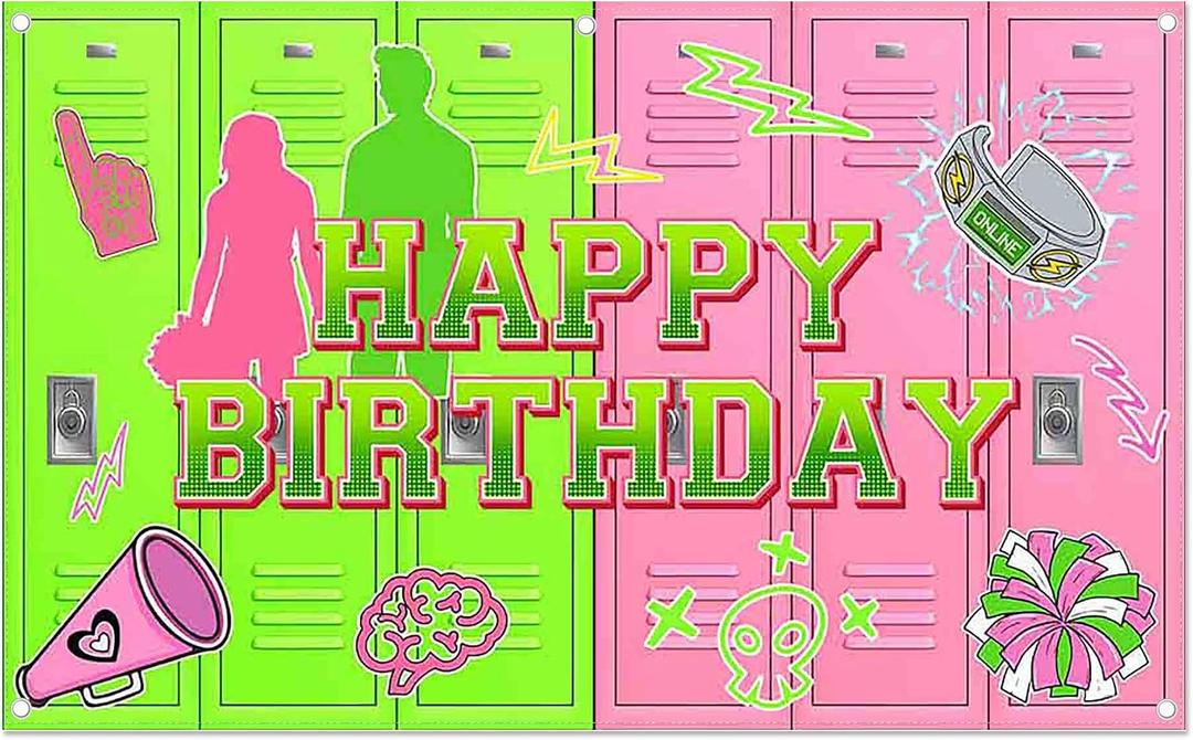 96x60inch Fabric Green and Pink Happy Birthday Backdrop Cheerleading American High School Lockers Photography Background Halloween Party Decorations Photo Props