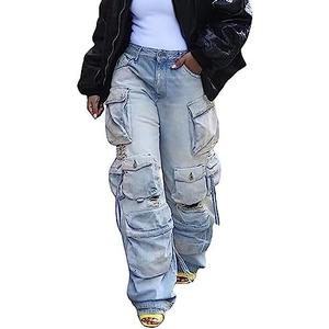 YOOTIKO Womens Baggy Jeans Cargo Pants Y2K High Waisted Distressed Street Denim Wide Leg Trousers with Pockets Size L