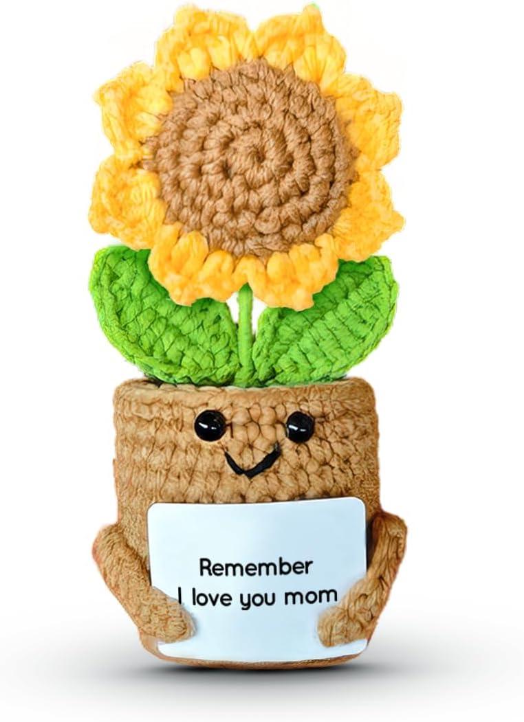 SOL VIBES Mini Sunflower Mom Gifts from Daughter Son Kid, Handmade Crochet Mothers Day Christmas Birthday Gift with Card, Remember I Love You Mom, Positive Emotional Present, Cute Small Stuff Things