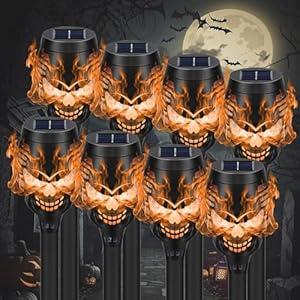 Solar Halloween Decorations Outdoor, 8 Pack Spooky Skulls Solar Torch Flame Lights, Waterproof Pathway Halloween Lights for Garden, Yard, Lawn, Porch, Landscape Decor, Orange