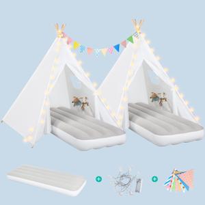 wilwolfer 2 Pack Teepee Tent for Kids with Inflatable Airbed, Indoor Play Tent Foldable for Boys Girls Party Sleepover Slumber Gifts Toy