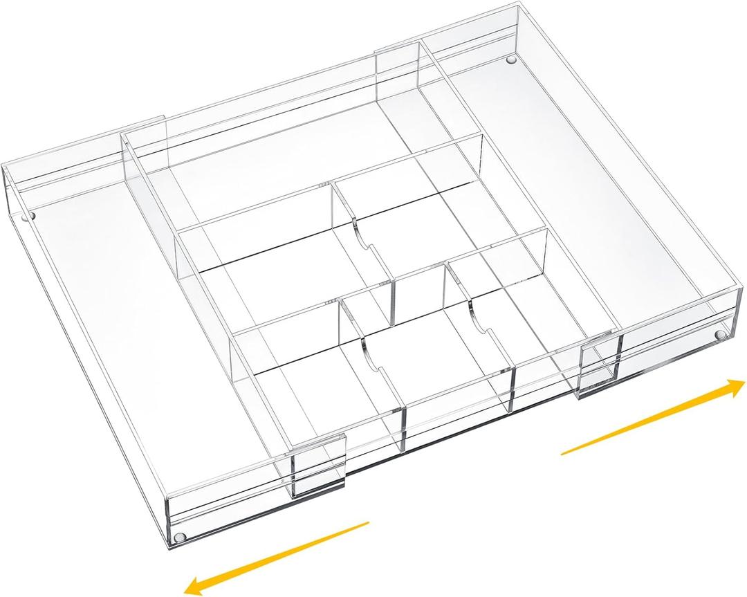 1 Pcs Acrylic Desk Drawer Organizer 2 Inch Height Expandable Drawer Organizer Trays with 8 Adjustable Compartments Desk Accessories for Makeup Silverware Office Bathroom(Clear) (Stylish)