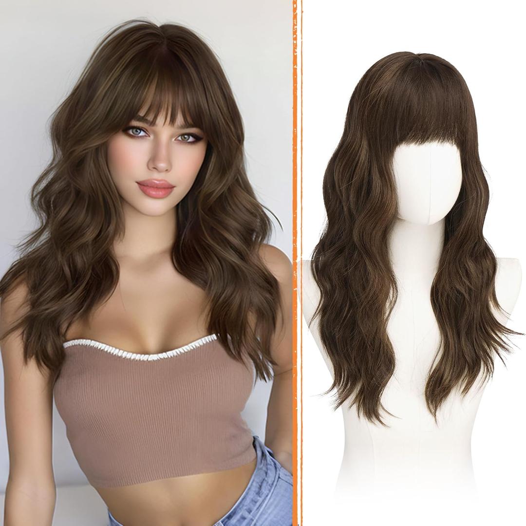 Haloo Brown Wigs with Bangs - 20 Inch Long Soft Wavy Natural Looking Synthetic Heat Resistant Hair Wig for Women Daily Party, Brown with Highlights