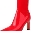Mofirdast Women's Mid Calf Boots Comfy Square Closed Toe Stiletto High Heel Boot Zipper Short Ankle Booties Size 8, Red