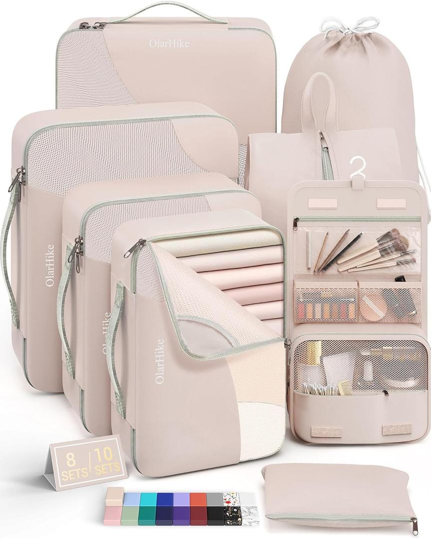 10 Set/8 Set Packing Cubes for Travel, Gifts for Women Mom,Anti-Tearing Suitcase Organizer for Luggage with Shoe & Hanging Toiletry Bag,OlarHike Vacation Essentials & Accessories for Cruise Ship,Cream (8 set (Short-Term Trip), 8 set - Angel Cream)