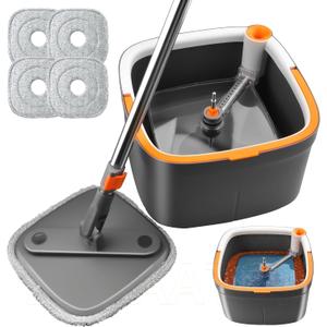 KZKR Spin Mop and Bucket Set with 4 Replaceable Microfiber Mop Pads with Self Separation Dirty and Clean Water System, Self Wringing 360 Rotating Square Mop Head for Hardwood Tile Marble Floors
