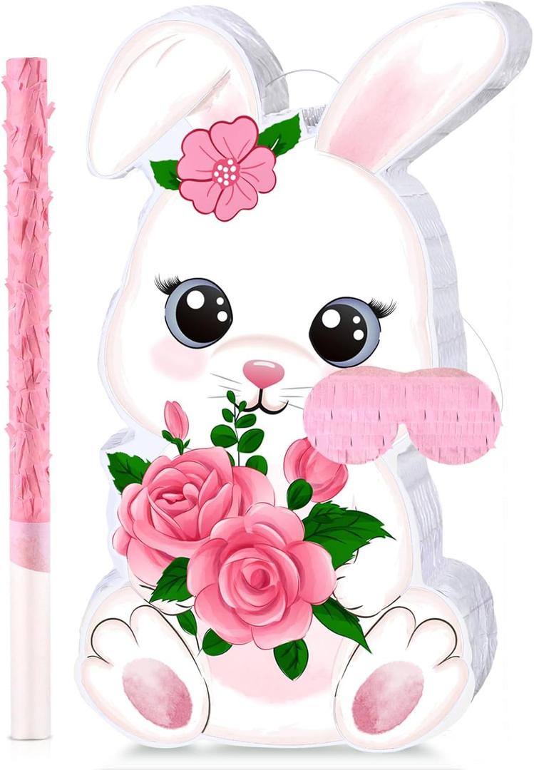 Bunny Egg Piata with Blindfold, Bat and Filler, Funny Cute Party Favors for Cute Birthday Piata Egg Theme Kids and Adults Party Supplies Decoration