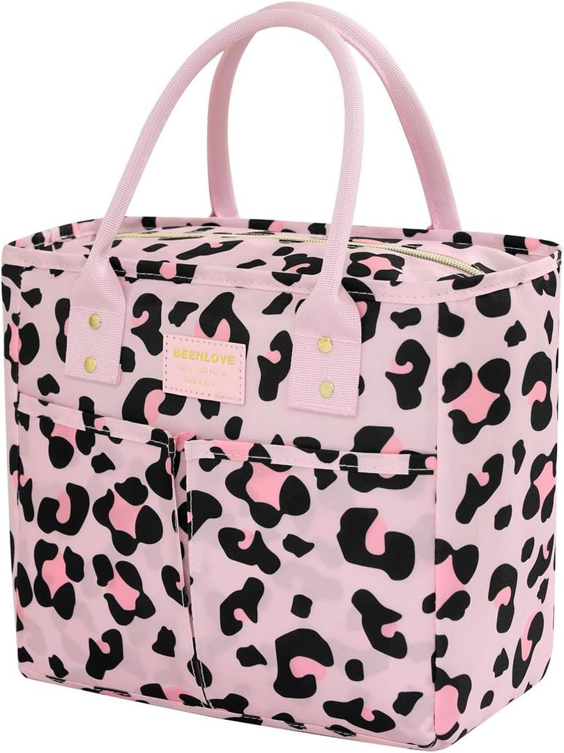 Lunch Bag Insulated,Adults Lunch Box with Pockets waterproof,Large Lunch Cooler for Office Hiking,Pink Leopard Print