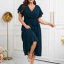 Womens Plus Size Dress Wedding Guest Cocktail Pleated V Neck Faux Wrap V Neck Flowy A Line Midi Dresses with Belt (XL)
