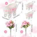 3 Pack Rattan Baby Carriage Floral Arrangement with Bouquet Pink Baby Shower Table Centerpiece Stroller for Guests Gender Reveal Wedding Party Favor Gift and Souvenir