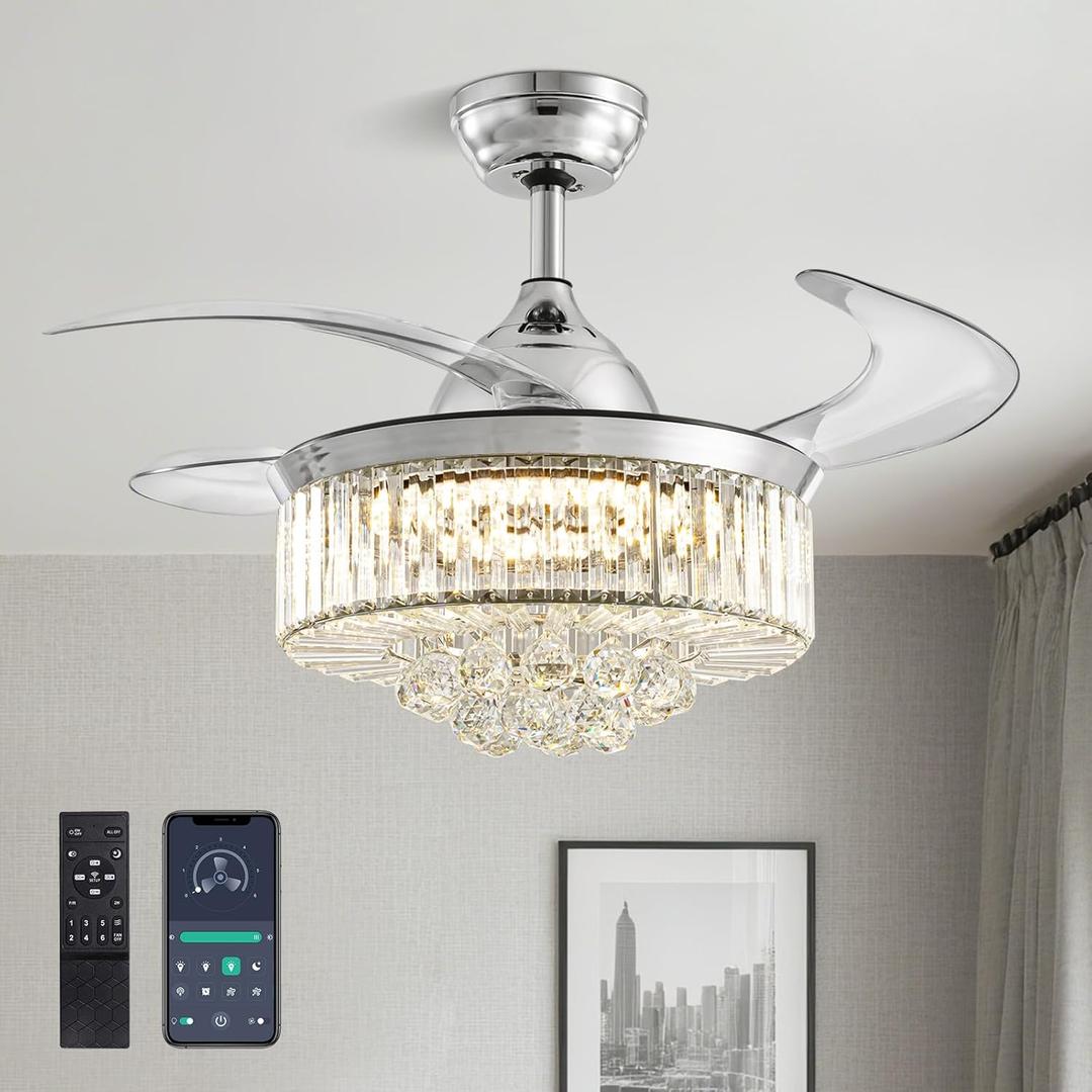 36" Fandelier, Crystal Ceiling Fan with Lights and Remote, Invisible Retractable Dimmable Chandelier Fan, 6-Speed Reversible Timer Ceiling Fan Light Kit for Bedroom Living Room Dining Room-Chrome