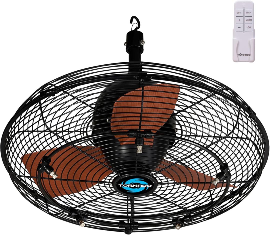 Tornado 20 Inch Outdoor Ceiling Mount Fan with Misting Kit  Quiet 3-Speed, 3300 CFM, IPX4 Water-Resistant, Remote Control, 5 Brass Nozzles, UL Listed