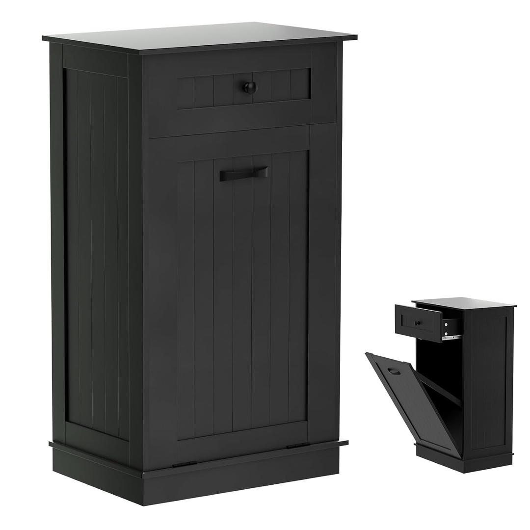 Wooden Tilt Out Trash Cabinet Bin, Dog Proof Garbage Can Holder, Kitchen Island with Laundry Hamper, Black