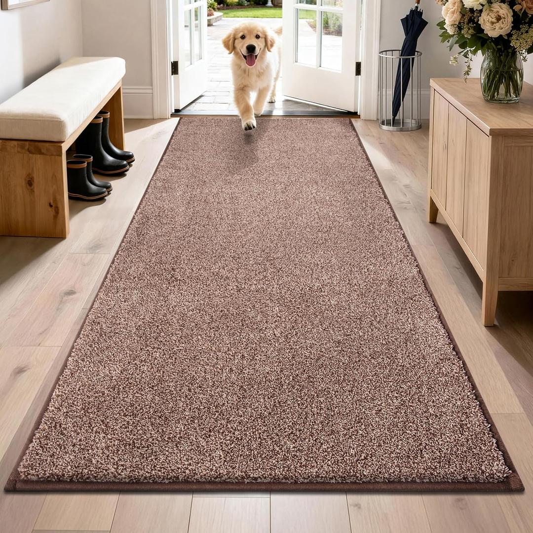 PURRUGS Dirt Trapping Door Mat 31.5" x 70", Non-Slip Machine Washable Entryway Rug, Dog Doormat, Indoor Front Door Mat, Super Absorbent Entry Rug for Muddy Shoes & Paws, Brown-Light Cream
