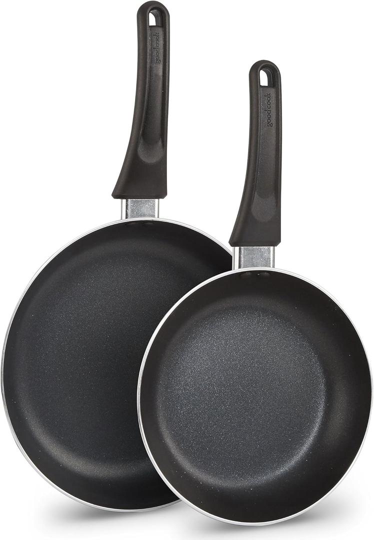 GoodCook Nonstick Aluminum Frying Pan Set, 8" and 10" Skillets, Black, Even Heating, Stay-Cool Ergonomic Handle, PFOA-Free Nonstick Coating, Ideal for Sauting, Searing, and Frying