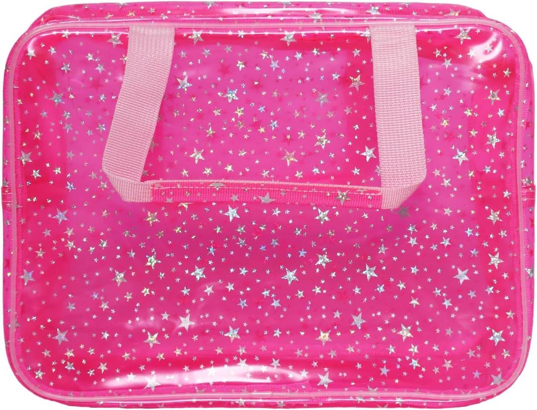 Star Pattern Clear Pink Cosmetic Travel Bag Large Makeup Toiletry Bag with Handle Durable PVC Waterproof Material Zipper Design for Gym or Makeup Organizer
