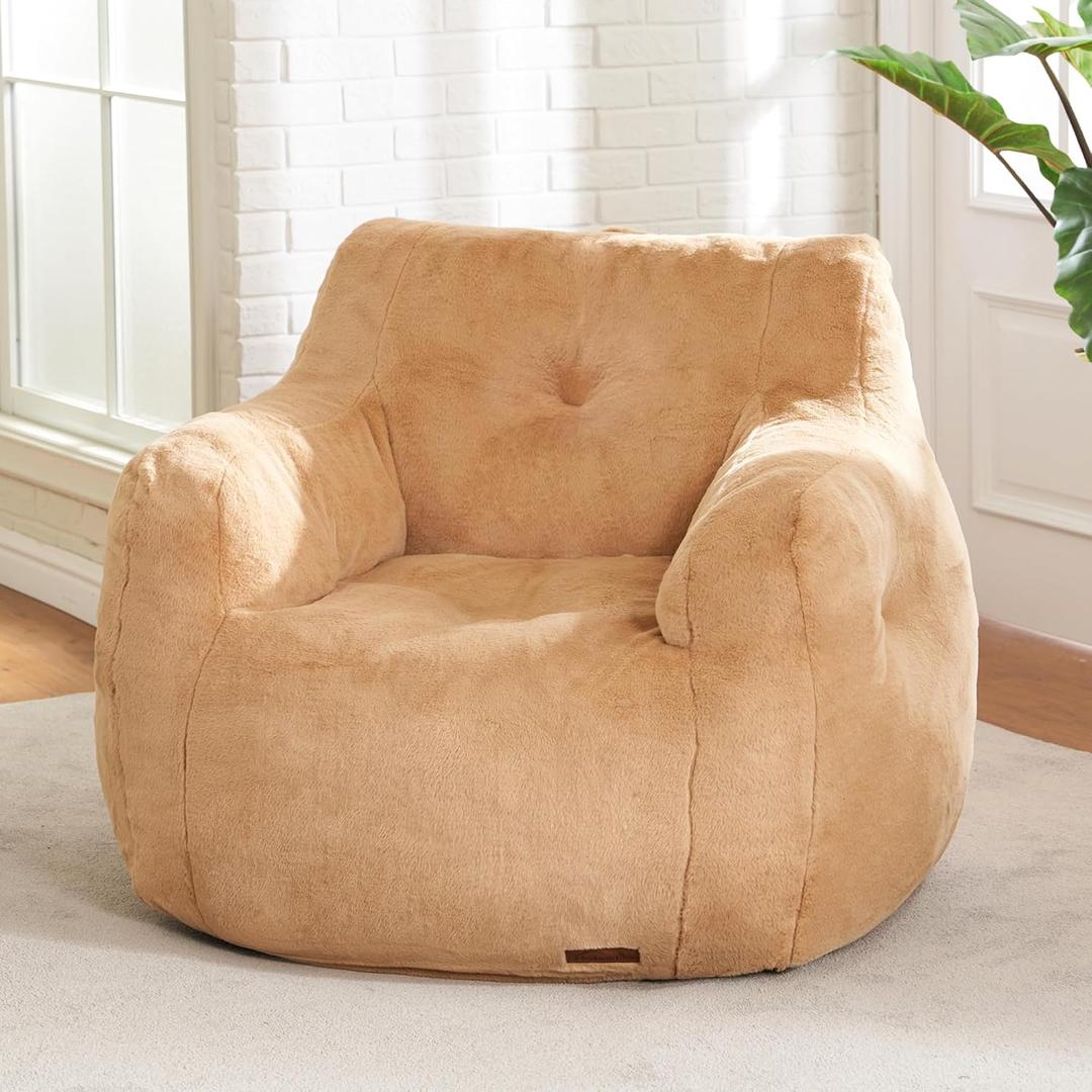 Hobestluk Bean Bag Chair for Adult Small Bean Bag Chairs with Arms Furry Beanbag Chair with Foam Filler Stuffed Bean Bag Sofa for Reading in Bedroom Living Room and Dorms(Khaki)