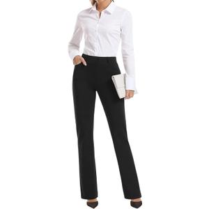 BANETTETA Women's High Waisted Stretch Dress Pants, Black Work Pants with Pockets, Tummy Control Slacks, Petite (6-18) (14)
