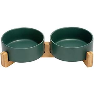 Ceramic Dog and Cat Bowl with Wood Stand Non-Slip Matte Glaze Weighted Food Water Set for Cats &Small Dogs Green