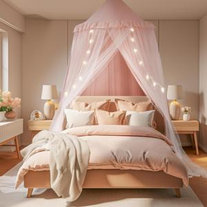 Large Bed Canopy with Star Lights, Double Layer Canopy for Bed, Princess Play Tent for Girls Room, Breathable Canopy Bed Curtain for Children Reading Nook, Machine Washable Canopy, 40''x106'', White