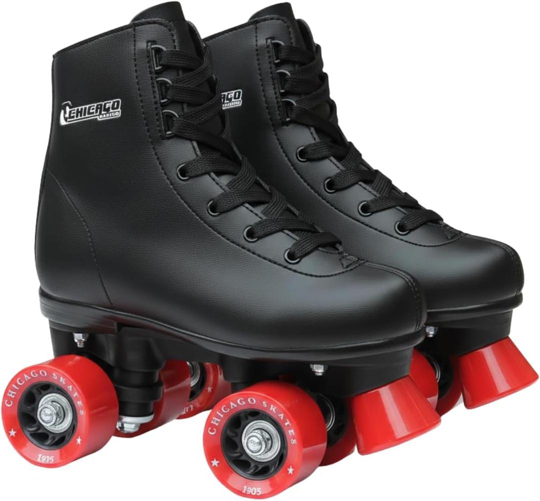 Chicago Rink Roller Skates for Girls & Boys Durable Top Performance Indoor/Outdoor Use Skate Shoes with Padded Ankle Collar, Lace-Up & Velcro Strap 54mm Urethane Wheels, Semi-Precision Bearings (Black/Red), Girls / Boys - J10