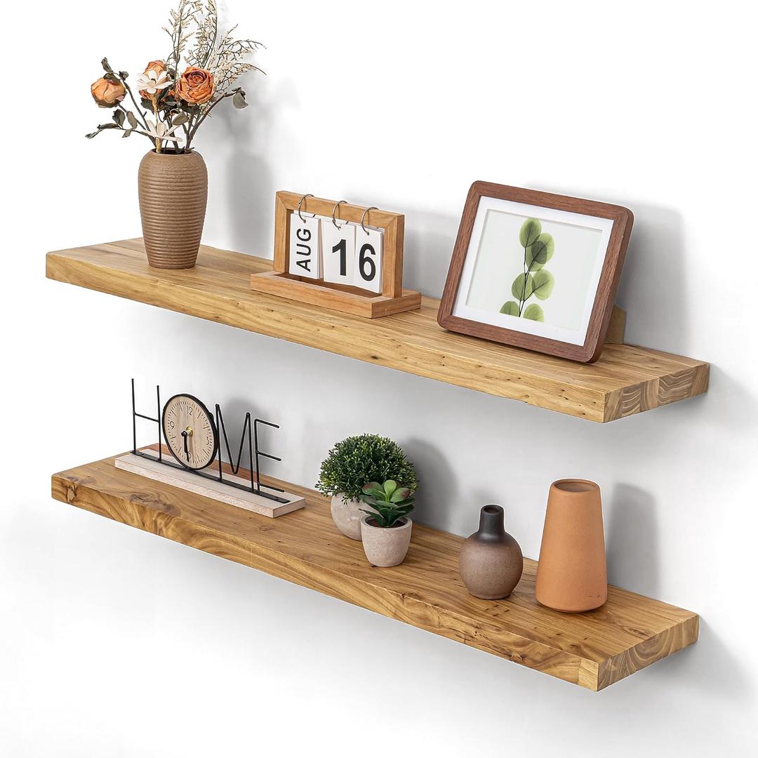 Dreamland 36 Inch Long Floating Shelves Set of 2, Rustic Solid Elm Wood Floating Shelf Wall Mounted, 8 Inch Deep Wooden Wall Shelves for Living Room, Bedroom, Bathroom, Kitchen, Natural, Flat Edge, 36inch