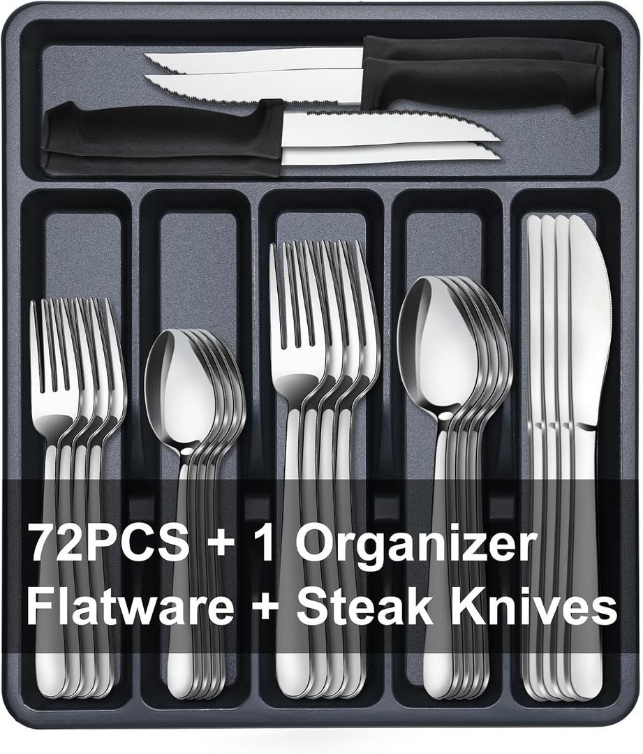 73-Piece Silverware Set with Organizer, Pleafind Stainless Steel Silverware Sets for 12, Cutlery Utensil Sets with Steak Knives, Include Forks Spoons Knives  Silverware Organizer, Dishwasher Safe