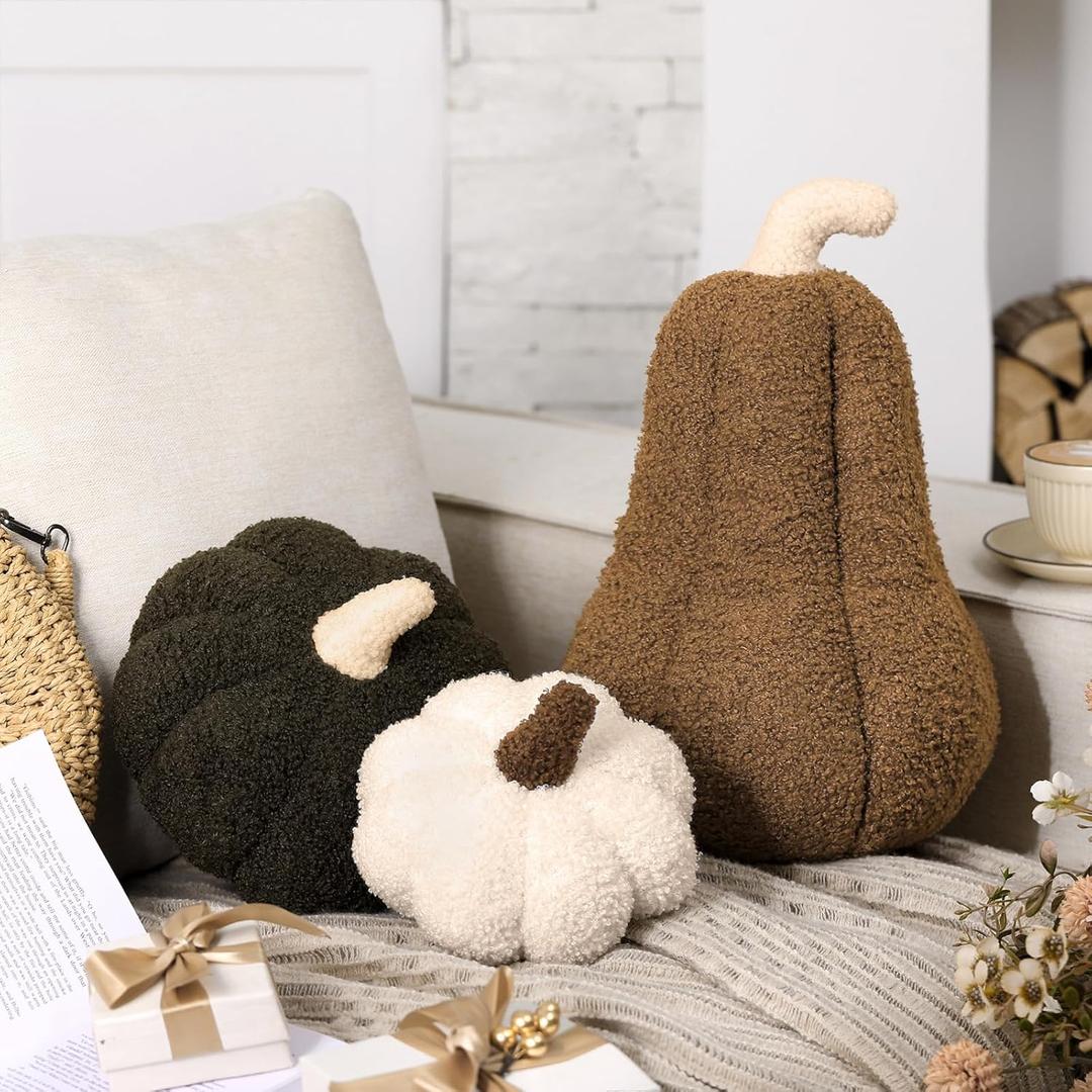 3 Pcs Fall Thanksgiving Pumpkin Pillows Sherpa Plush Stuffed Pumpkin Throw Pillows Soft Autumn Cushion Neutral Cozy Thanksgiving Decor for Home Bedroom Sofa Couch Living Room(Classic Color)