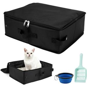 Travel Litter Bo x for Cats, Foldable Portable Cat Litters Box, Leak Proof Ca t Trave l Carrier with Kitty Litter Scoop Bowl, Cat Travel Essentials for Car, Hotel, Airplane and Outdoor Use (Black)