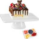 13" x 9" Rectangular Ceramic Cake Stand, 2-in-1 Serving Platter for Dessert Table, Elegant White Pedestal Display for Wedding Birthday Baby Shower Party, Microwave Dishwasher Safe