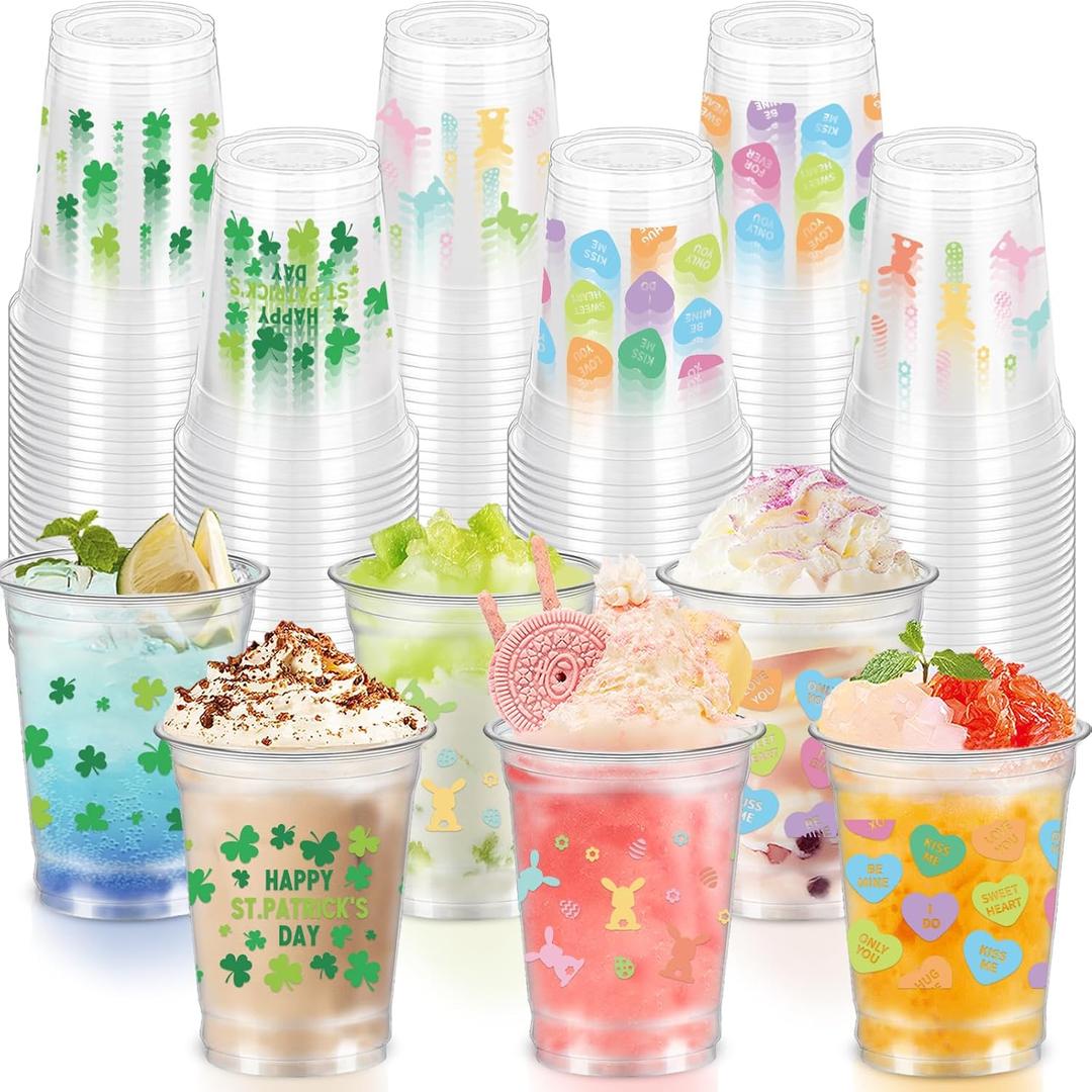 60 Pcs Valentine's St. Patrick's Easter Plastic Cups Heart Green Shamrock Rabbit Egg Disposable Clear Plastic Cups Disposable Plastic for Kids Adults Cold Drink Snacks Party Favors Supplies