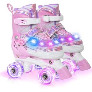 Nattork Girls Roller Skates for Kids, Light up Adjustable Rollerskates for Boys, Purple Pink Teal Skates for Toddler, Shine Fun Illuminating Roller Skates for Girls Beginners Size 1