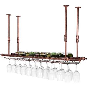 Wine Glass Holder Creative Hanging Wine Glass Holder Upside Down Wine Glass Holde Hanging Wine Glass Holde -47.3", Can Hang 30 Glasses and 11 Red Wine Bottles (Brown)
