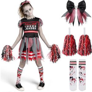 Spooktacular Creations Kids Zombie Cheerleader Halloween Costume, Dead Cheerleader Costume for Girls, Fearleader Outfit (L)