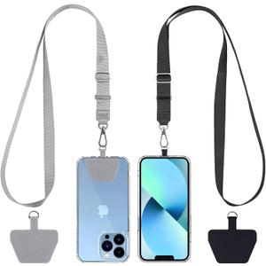 CACOE Phone Lanyard 2 Pack-2 Adjustable Neck Strap,2 Phone Patches,Universal Cell Phone Multifuctional Patch Lanyards Compatible with Most Smartphones(Black+Gray)