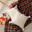 Tufted Snowflake Throw Pillow Covers Set of 2, 18x18 Inch Cream Neutral Winter Cushion Covers with Pom Poms, Cozy Rustic Modern Christmas Farmhouse Sofa Couch Bed Decor