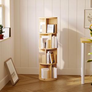 MXV Rotating Bookshelf, 360 Display 4 Tier, Small Bookshelf for Small Space, Floor Standing Bookcase Storage Rack, Wood Narrow Book Shelf Organizer for Bedroom, Living Room, Wood