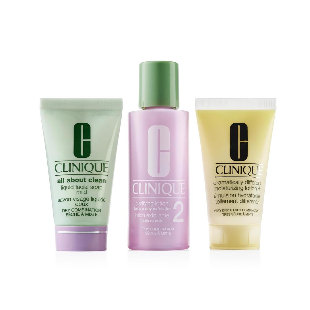 Clinique 3-Step Refresher Course Skincare Gift Set | Face Soap, Clarifying Lotion + Dramatically Different Lotion | Includes 3 Travel Sizes | 2 Formulas For Dry or Oily Combination Skin Types