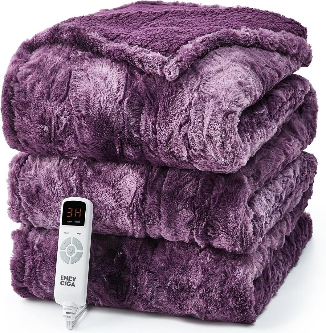 EHEYCIGA Electric Heated Blanket Full Size Faux Fur, 10 Hours Auto Shut Off 9 Heating Levels Heating Blanket, Soft Warm Heated Blanket Fast Heating Purple, Faux Fur & Sherpa