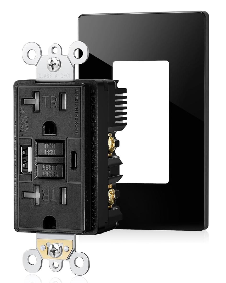 SURAIELEC 20 Amp GFCI Outlet with USB Ports, Self-Test GFCI Combination with USB-C & USB-A, Tamper-Resistant GFCI Electrical Outlet, GFCI Outlet with Screwless Wall Plate, ETL Listed,Black