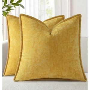 decorUhome Summer Chenille Soft Cozy Throw Pillow Covers 18x18 Set of 2, Modern Farmhouse Boho Velvet Decorative Pillow Cases with Stitched Edge for Couch Sofa Bed Home Decor, Mineral Yellow