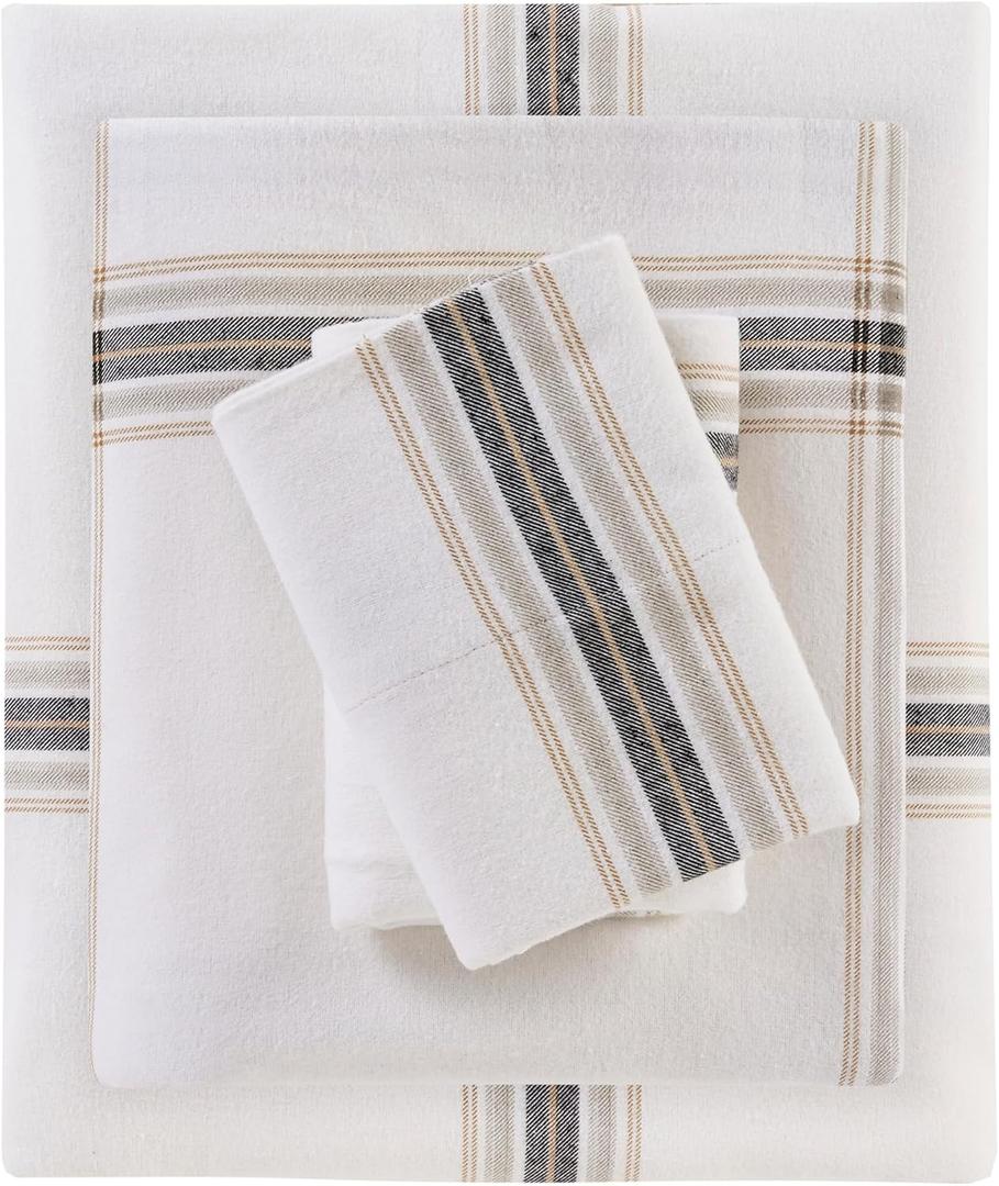 Woolrich Cotton Sheet Set Cottage Charms Print, 100% Cotton Flannel Sheets Warm & Fuzzy Bedding Set Queen Size Sheets, Fitted Pocket Fits Up to 14" Mattress, Queen Tan Plaid 4 Piece