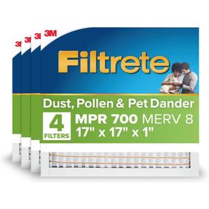 Filtrete 17x17x1 AC Furnace Air Filter, MERV 8, MPR 700, Tough on Pollen, Easy on Airflow, 3-Month Pleated 1-Inch Electrostatic Air Cleaning Filter, 4-Pack (Actual Size 16.687 x 16.687 x 0.81 in)