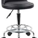 KKTONER PU Leather Round Rolling Stool with Foot Rest Height Adjustable Swivel Drafting Work SPA Task Chair with Wheels (Black)