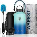 Water Bottle 64 oz with Paracord Handle & Cleaning Brush, Half Gallon Double Wall Vacuum Metal Stainless Steel Insulated Water Flask with 2 Lids and Carrying Pouch, Leakproof and BPA-Free, Mint&Cobalt