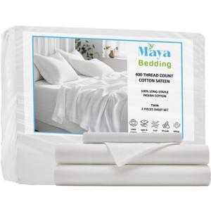 Twin 100% Cotton Bedsheet Set (3Pcs) - Bright White - 400 Thread Count Sateen Weave, Snug Bottom Deep Pocket Fitted Sheet, Fade Resistant & Envelope Closure Pillowcase (Twin, Bright White)