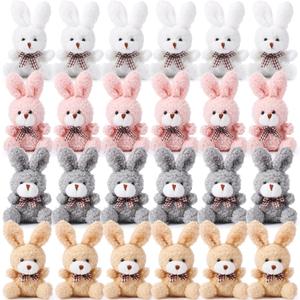 Sotiff 24 Pcs Easter Plush Bunny Stuffed Animal Gift Bulk 4.7 Inch Mini Bunnies Keychain Doll Furry Rabbit with Bow Tie for Birthday Baby Shower Party Favor Gifts Classroom Rewards(Classic Color)