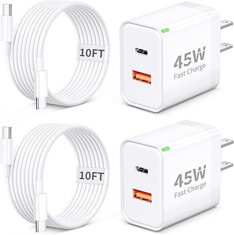 for Google Pixel Charger Fast Charging, 2-Pack 45W Dual Port USB C Fast Wall Charger Block with 10FT Extra Long Type C Cable for Google Pixel 10/10 Pro XL/10 Pro/9/9a/9 Pro XL/Fold/8/8 Pro/7/6/5/4 XL