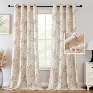 H.VERSAILTEX Boho Floral Linen Curtains 84 inch Length 2 Panels Set, Privacy Semi Sheer Light Filtering Curtains, Grommet Farmhouse Vintage Curtain, Print Pattern Drapes for Living Room, Terracotta
